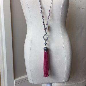 Long silver and cherry red tassel necklace